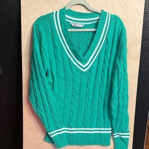Prince Teal Cable-Knit V-Neck Sweater with White Stripe